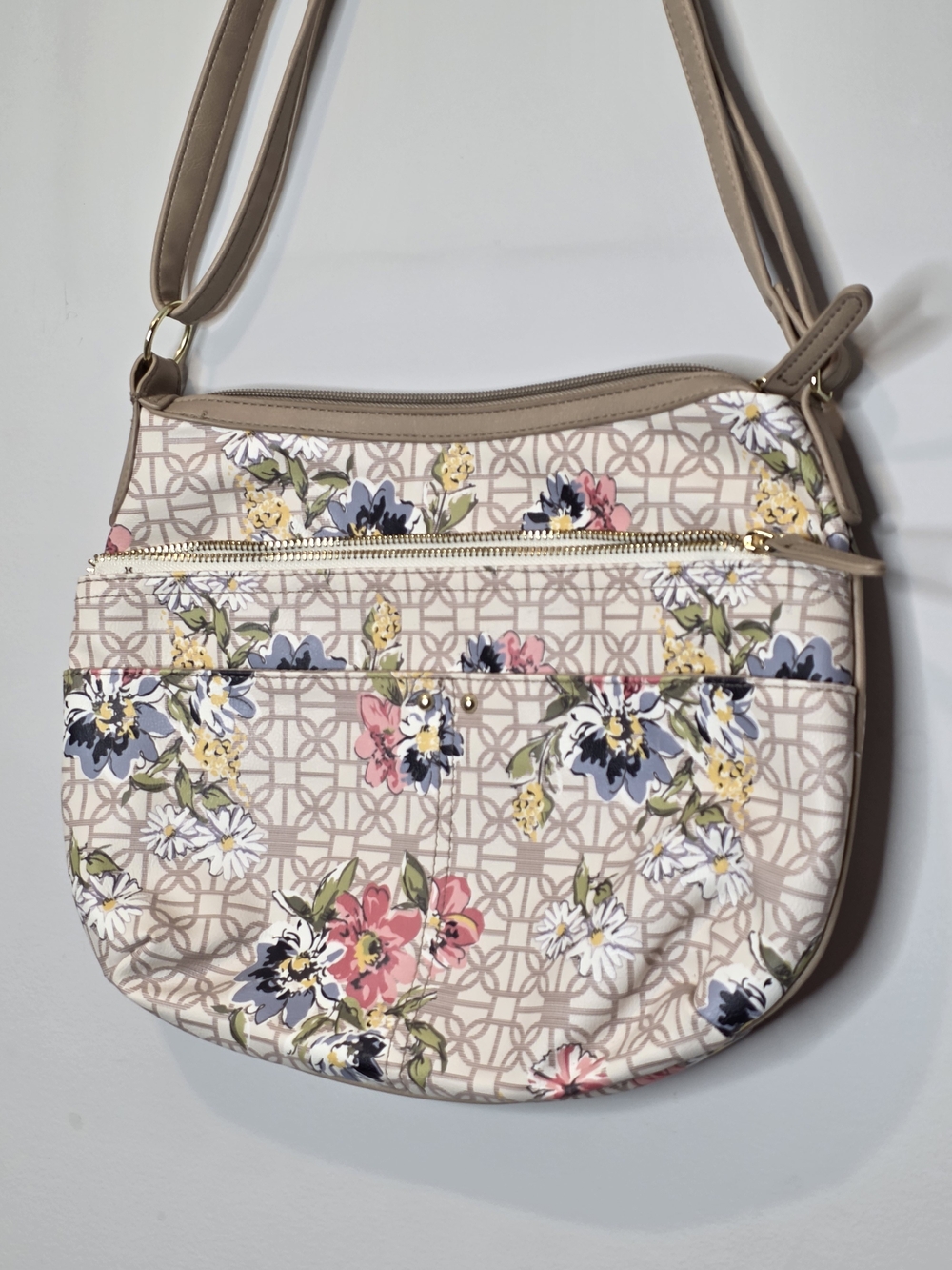 Floral Bag in Beige with Pink & Blue Accents